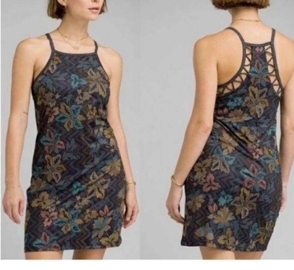 prAna Ardor Dress Women’s XS Black Floral Racerback Shelf Bra Athletic